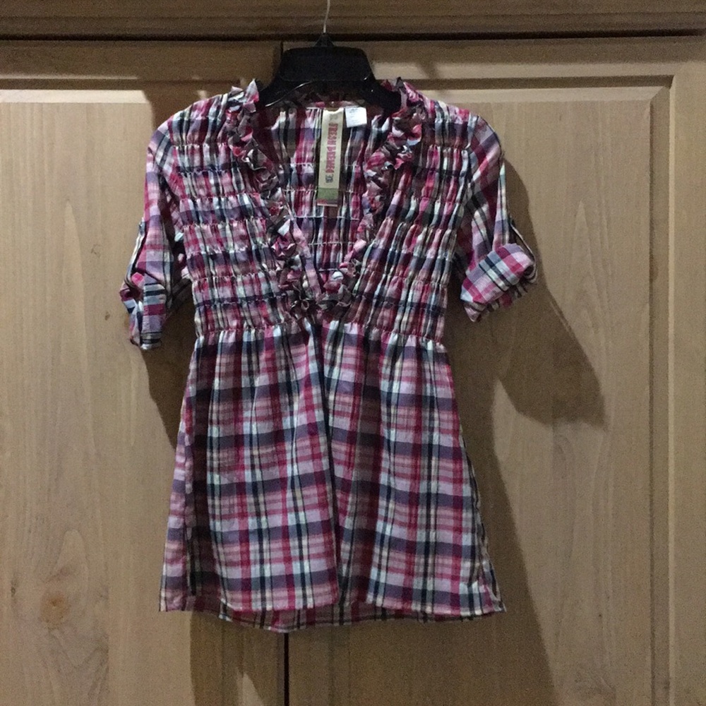 NWOT Fresh Brewed Plaid Blouse w/ Ruffles